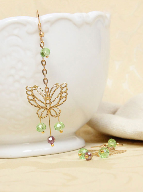 Golden Butterfly Green Crystal Tassel Lady Lolita Earrings