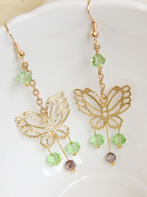 Golden Butterfly Green Crystal Tassel Lady Lolita Earrings