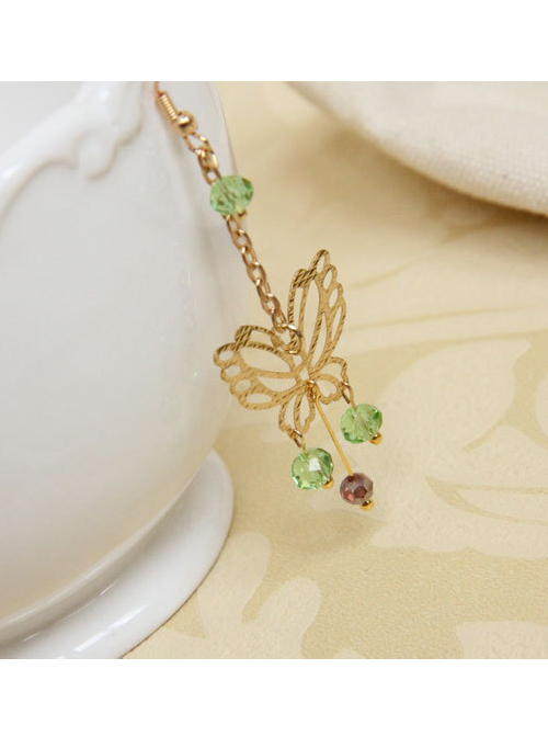 Golden Butterfly Green Crystal Tassel Lady Lolita Earrings