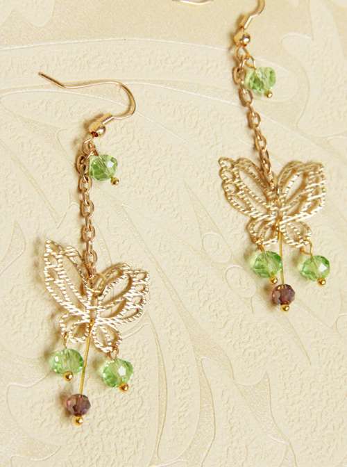 Golden Butterfly Green Crystal Tassel Lady Lolita Earrings