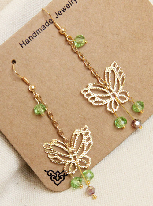 Golden Butterfly Green Crystal Tassel Lady Lolita Earrings