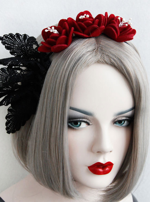 Red Rose Black Lace Gothic Lolita Headband
