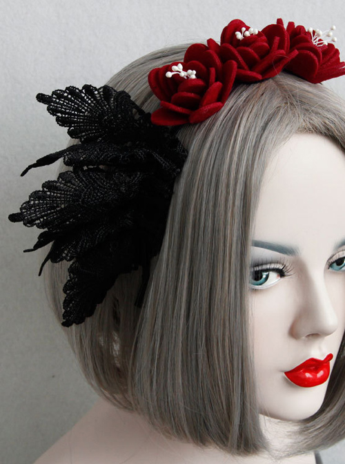 Red Rose Black Lace Gothic Lolita Headband