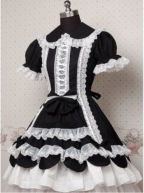 Black and White Puff Short Sleeves Ruffle Bow Lolita Dress