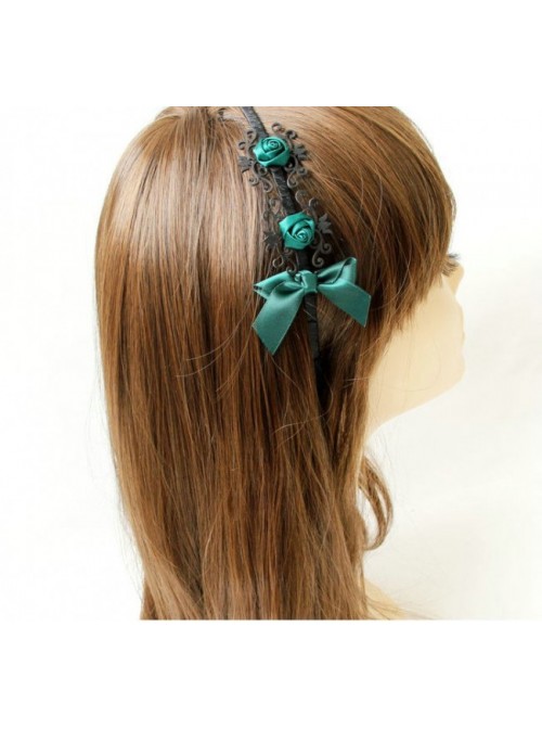 Retro Dark Green Rose And Bowknot Handmade Lolita Headband