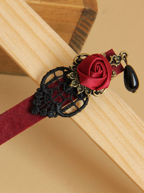 Black Lace Red Rose Black Pearl Pendant Girls Handmade Lolita Hairpin