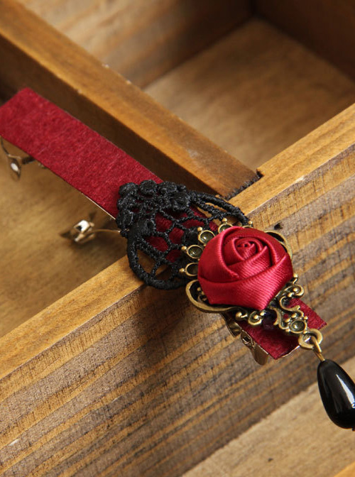 Black Lace Red Rose Black Pearl Pendant Girls Handmade Lolita Hairpin