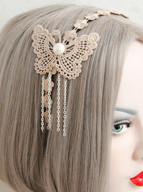 Lace Butterfly Chain Tassel Girls Handmade Lolita Hairpin