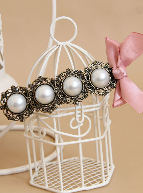 Elegant Pink Bowknot Classical Pearl Girls Lolita Hairpin