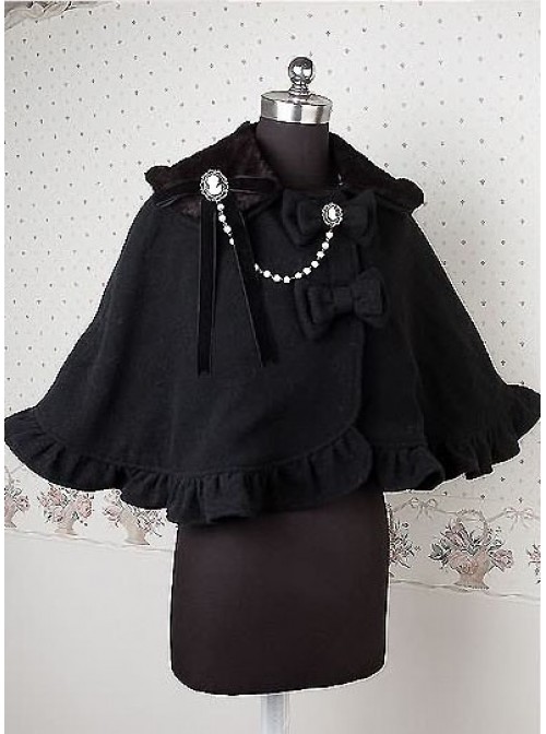 Cashmere Black Ruffle Bow Lolita Cape