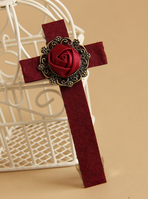 Gothic Wine Red Rose Cross Vampire Lolita Hairpin