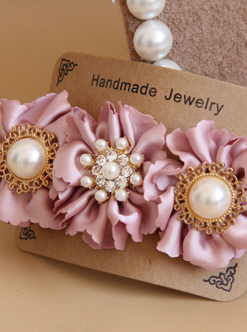 Palace Style Pink Cloth Pearl Flowers Lolita Hairpin