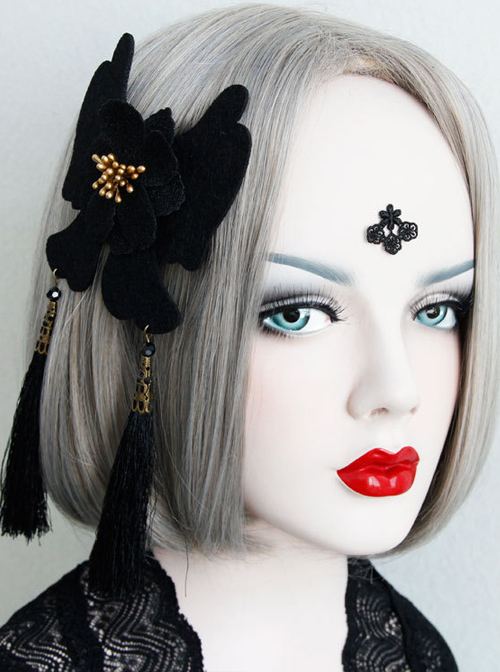 Black Exaggerated Butterfly Flowers Tassels Lolita Hairpin