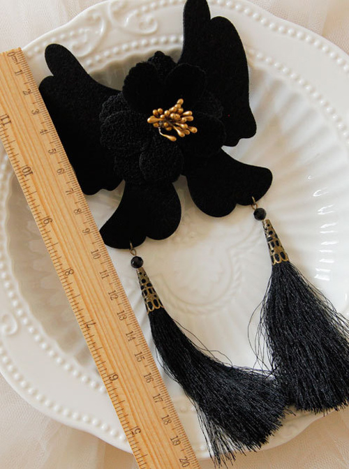 Black Exaggerated Butterfly Flowers Tassels Lolita Hairpin