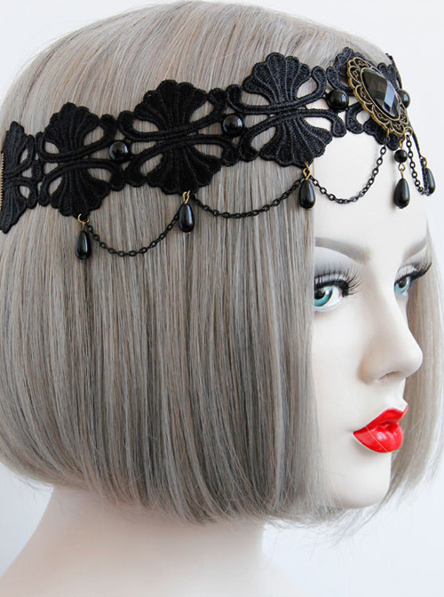 Black Lace Resin Rhinestones Pendant Lolita Headband