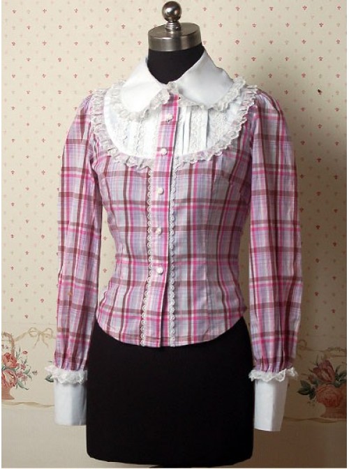 Pink Check Patten Long Sleeves Ruffle Lolita Shirt