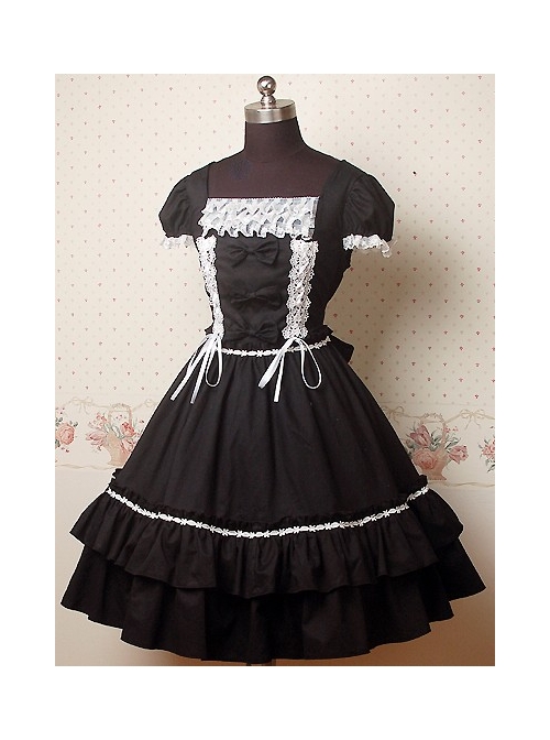 Black and White Puff Sleeves Bow Lolita Dress