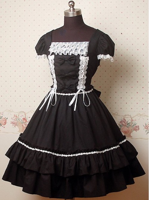 Black and White Puff Sleeves Bow Lolita Dress