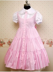 Pink and White Puff Short Sleeves Bow Lolita Dress