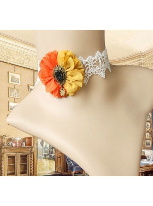 Retro Handmade White Lace Two-color Flower Lolita Necklace