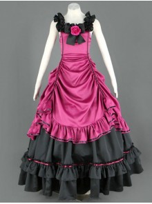 Sleeveless Pink And Black Floral Double-Layer Cotton Lolita Prom Dress