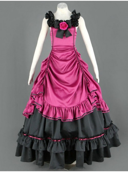 Sleeveless Pink And Black Floral Double-Layer Cotton Lolita Prom Dress