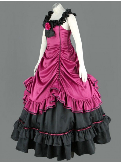 Sleeveless Pink And Black Floral Double-Layer Cotton Lolita Prom Dress