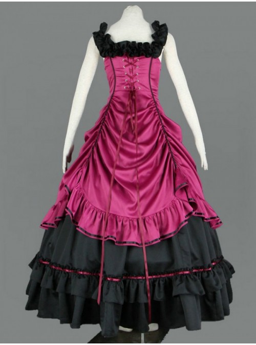 Sleeveless Pink And Black Floral Double-Layer Cotton Lolita Prom Dress