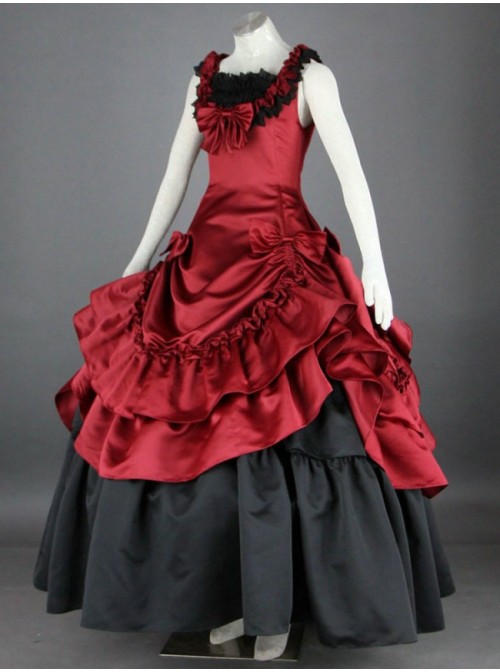 Sleeveless Red And Black Floral Double-Layer Cotton Lolita Prom Dress