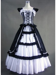 White & Black Cuff Sleeves Bandage Ruffled Cotton Gothic Lolita Dress