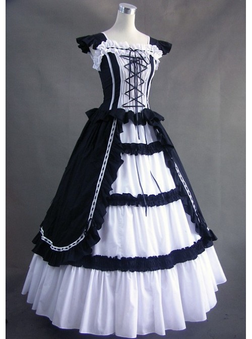 White & Black Cuff Sleeves Bandage Ruffled Cotton Gothic Lolita Dress