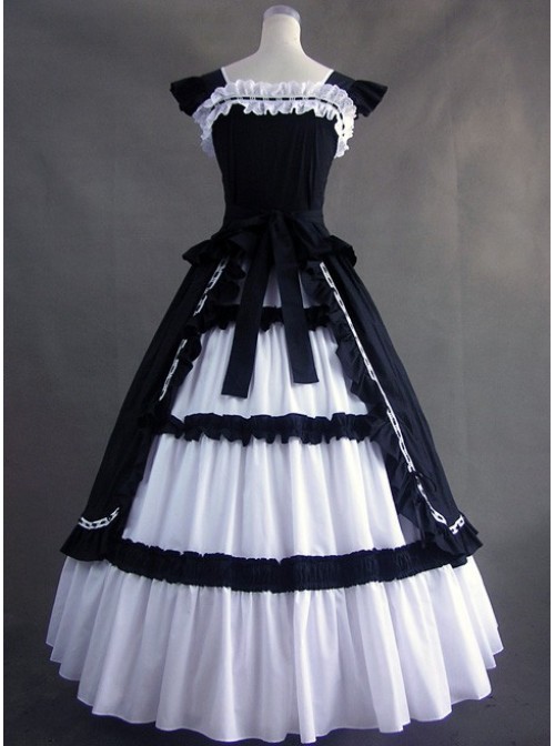 White & Black Cuff Sleeves Bandage Ruffled Cotton Gothic Lolita Dress
