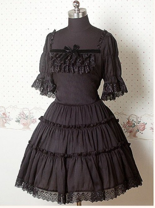 Chiffon Black Puff Sleeves Bow Ruffle Lolita Dress