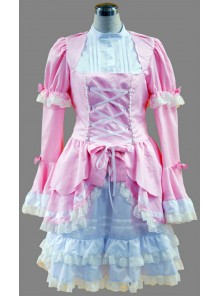 Pink And White Long Sleeves Lace Trim Cotton Sweet Lolita Dress