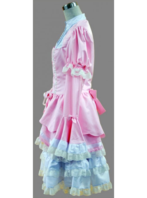 Pink And White Long Sleeves Lace Trim Cotton Sweet Lolita Dress