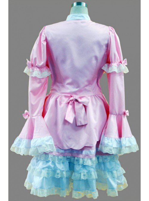 Pink And White Long Sleeves Lace Trim Cotton Sweet Lolita Dress