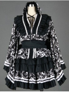 Black And White Long Sleeves Cotton Gothic Lolita Dress