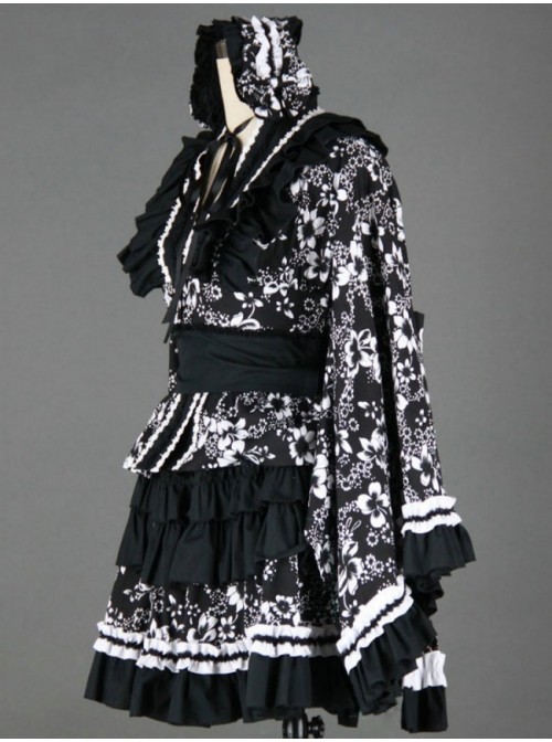 Black And White Long Sleeves Cotton Gothic Lolita Dress