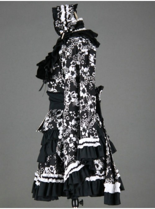 Black And White Long Sleeves Cotton Gothic Lolita Dress