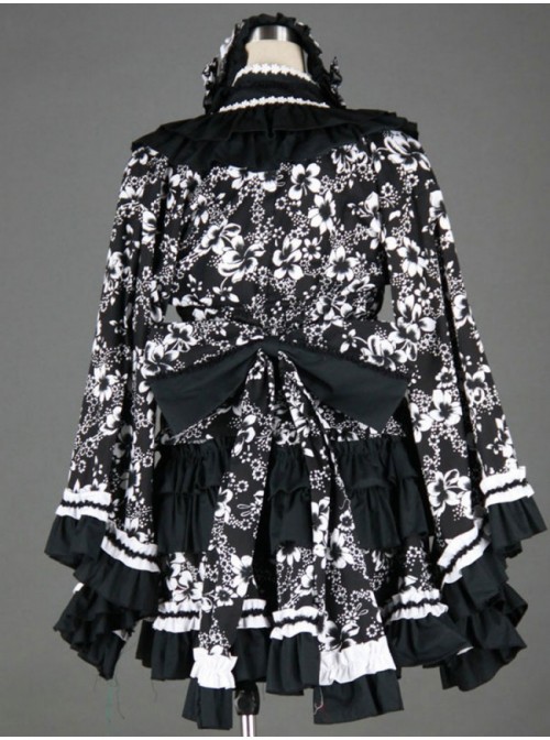 Black And White Long Sleeves Cotton Gothic Lolita Dress