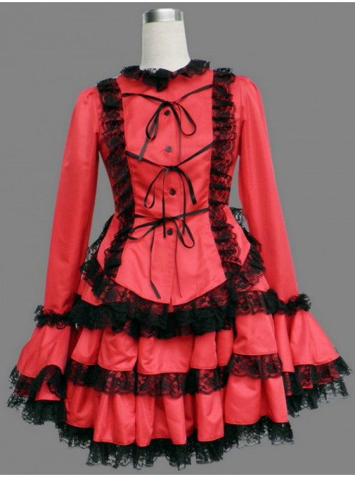 Red Long Sleeves Lace Trim Cotton Girls Sweet Lolita Dress