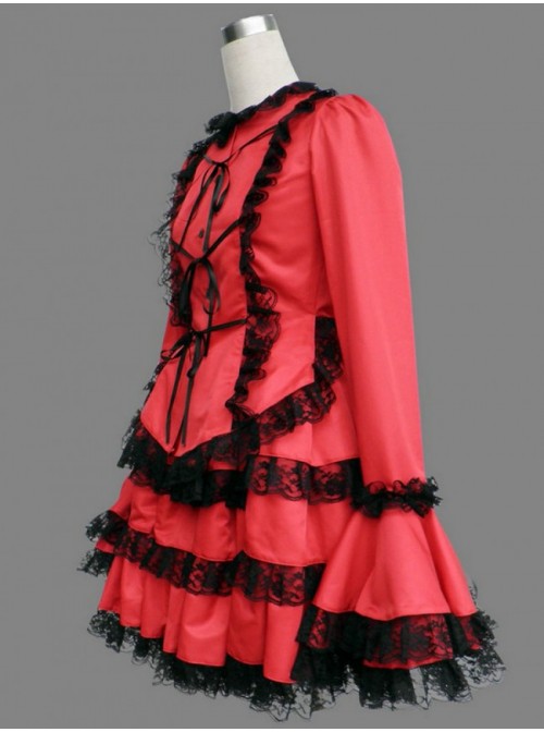 Red Long Sleeves Lace Trim Cotton Girls Sweet Lolita Dress