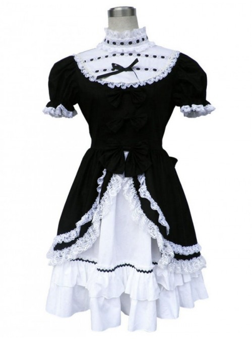 Black And White Short Sleeves Bow Cotton Gothic Lolita Dress