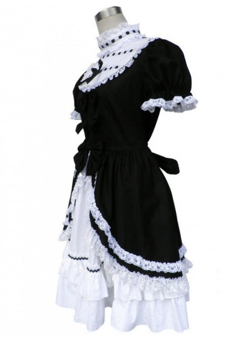 Black And White Short Sleeves Bow Cotton Gothic Lolita Dress