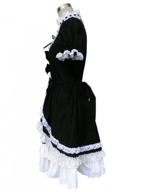 Black And White Short Sleeves Bow Cotton Gothic Lolita Dress