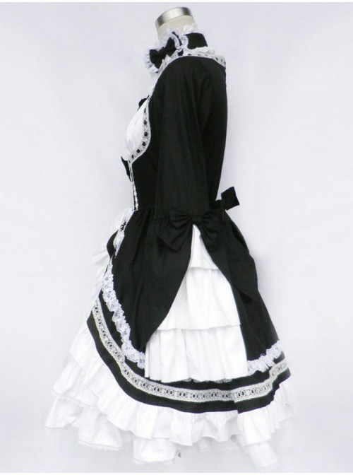 Black And White Long Sleeves Bow Cotton Gothic Lolita Dress