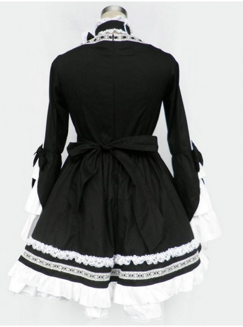 Black And White Long Sleeves Bow Cotton Gothic Lolita Dress