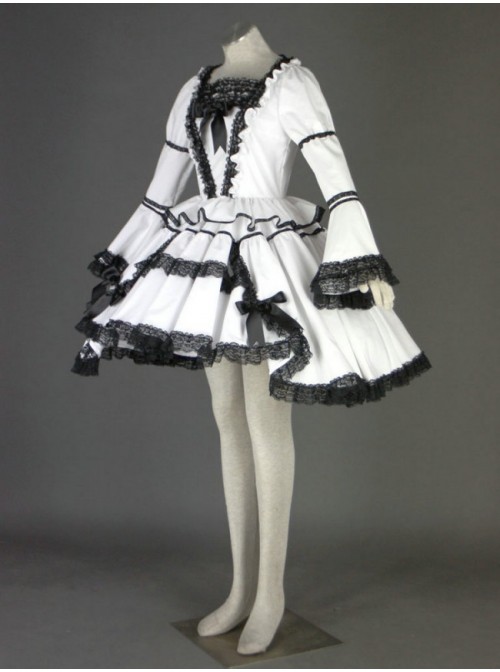 Black And White Long Sleeves Lace Trim Cotton Gothic Lolita Dress