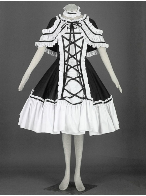 Black And White Cute Girls Cotton Sweet Lolita Dress