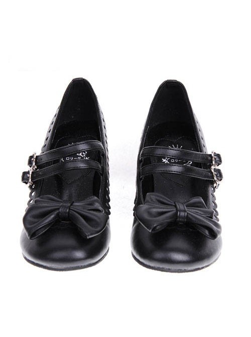 Black 2.5" Heel High Beautiful Synthetic Leather Point Toe Bow Platform Girls Lolita Shoes